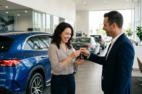 DriveWise lending specialist reviewing a car loan application with a client in a bright modern office